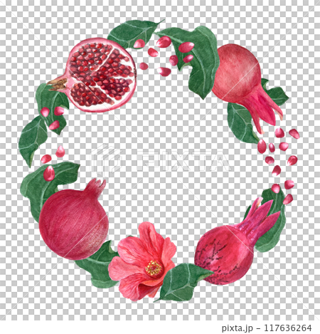 Pomegranate fruits, flowers, seeds and leafs watercolor wreath isolated on white. The hand-painted high quality vibrant art is ideal for botanical prints, cards, floral tea packages, posters and 117636264