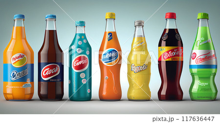 Different colorful soda water in bottles of different shapes - AI generated image 117636447