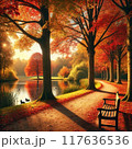 秋の午後、静かな池に映る紅葉の景色 117636536