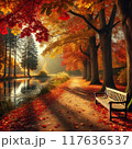 紅葉した木々が並ぶ公園の小道、落ち葉が地面を覆う 117636537