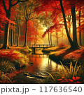 鮮やかな紅葉が広がる森と、その中を流れる穏やかな小川 117636540