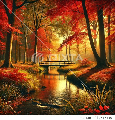 鮮やかな紅葉が広がる森と、その中を流れる穏やかな小川 鮮やかな紅葉が広がる森と、その中を流れる穏やかな小川 117636540
