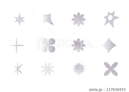 Abstract elements with sand grain texture, y2k retro grunge dotwork gradient. Stars flowers. pointillism holographic blur . Abstract elements with sand grain texture, y2k retro grunge dotwork gradient. Stars flowers. pointillism holographic blur . 117636955