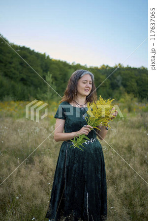 woman in whimsical aesthetic style dress in field in summer at sunset 117637065