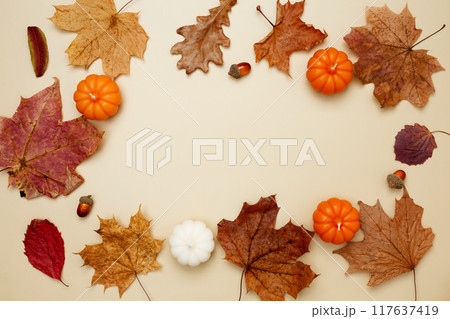 Autumn composition with maple leaves, decorative pumpkins and candles. Top view. Copy space 117637419