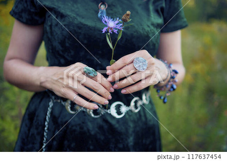 woman in whimsical aesthetic style dress in field in summer at sunset woman in whimsical aesthetic style dress in field in summer at sunset 117637454