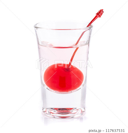 Cherry in syrup in a glass isolated on a white background 117637531