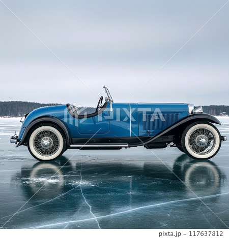 Blue Vintage Convertible on Frozen Lake 117637812
