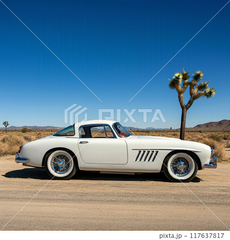 Classic White Sports Car in Desert Landscape 117637817