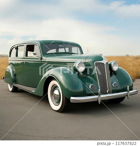 Green Vintage Luxury Sedan on Open Road 117637822