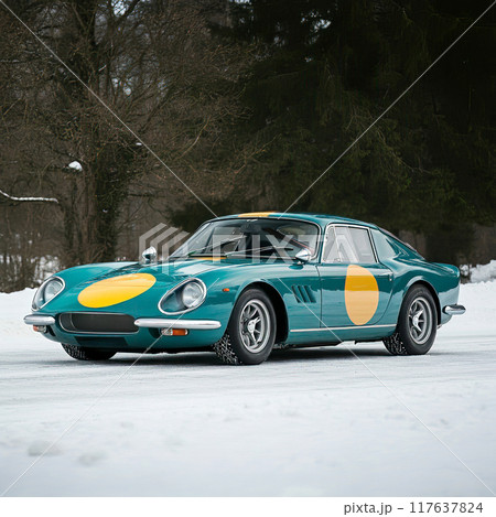 Green Vintage Racing Car in Snowy Forest 117637824
