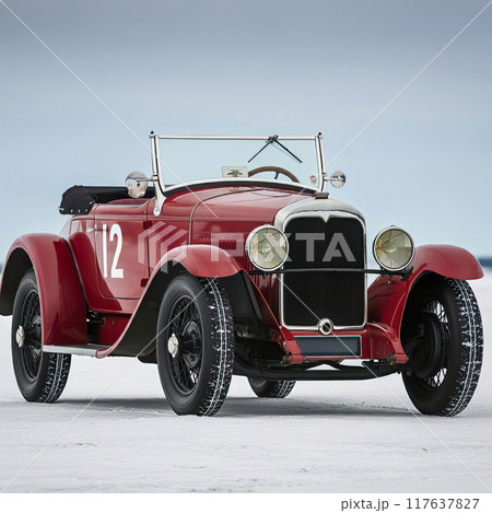 Red Vintage Car with Racing Number on Ice 117637827