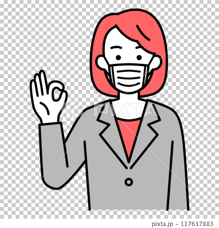 マスクを付けてOKサインをするスーツの女性 マスクを付けてOKサインをするスーツの女性 117637883