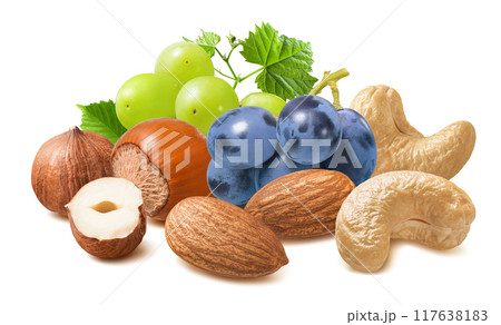 Blue and green grapes, almonds, hazelnuts and cashew nuts isolated on white background 117638183