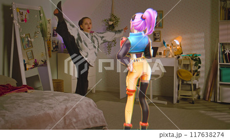 Teen girl talks to virtual reality hologram in metaverse AI chat Teen girl talks to virtual reality hologram in metaverse AI chat 117638274