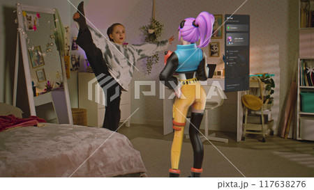 Teen girl talks to virtual reality hologram in metaverse AI chat 117638276