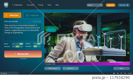 AI chatbot interface generate detailed video: Man wearing virtual reality headset AI chatbot interface generate detailed video: Man wearing virtual reality headset 117638290