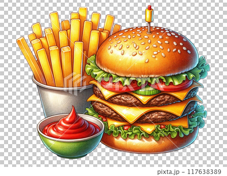 Illustration of a set of hamburgers, french fries and ketchup 117638389