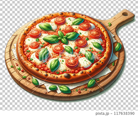 Illustration of pizza on a wooden plate 117638390