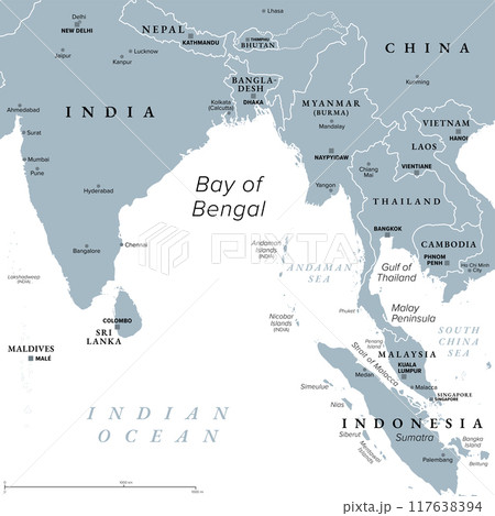 Bay of Bengal, gray political map. Northeastern part of Indian Ocean and largest bay of the world, positioned between the Indian subcontinent and Indochinese peninsula, located below Bengal region. Bay of Bengal, gray political map. Northeastern part of Indian Ocean and largest bay of the world, positioned between the Indian subcontinent and Indochinese peninsula, located below Bengal region. 117638394