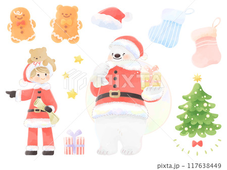かわいいクリスマスのイラストセット 白くまと子供のキャラクター かわいいクリスマスのイラストセット 白くまと子供のキャラクター 117638449
