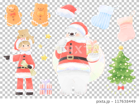 かわいいクリスマスのイラストセット 白くまと子供のキャラクター かわいいクリスマスのイラストセット 白くまと子供のキャラクター 117638449
