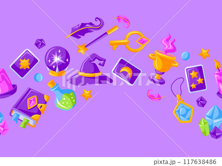 Pattern with magic items. Witchcraft alchemy mystery elements. 117638486