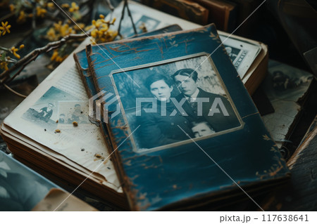 Old family album with vintage sepia style photo 117638641