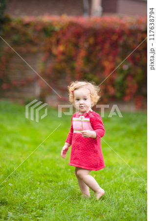 Child in fall park. Kid with autumn leaves. 117638794
