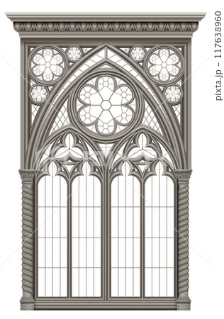 Gothic realistic cathedral window with stained glass 117638960