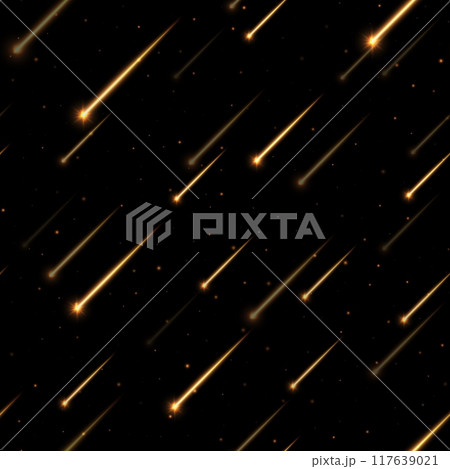 Meteor rain seamless pattern, shooting stars background. Bright, streaking magic lights falling from the sky. 117639021