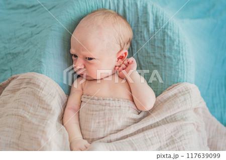The baby is sleeping peacefully in his cozy nest. Newborn photo session captures the serene innocence and warmth of early moments 117639099