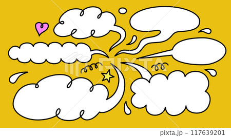 Vector illustration of dialog speech bubbles with doodles on yellow background. 117639201
