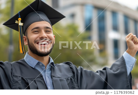 Young man celebrates graduation outdoors with joy in cap and gown during daytime 117639362