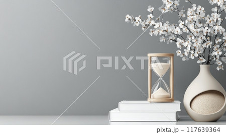 Elegant arrangement of dried flowers and hourglass on a calm gray background 117639364