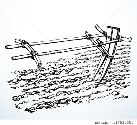 Vector drawing. Old wooden plow Vector drawing. Old wooden plow 117639505