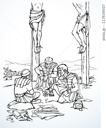 Vector drawing. Soldiers at the cross. 117639507