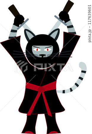 Samurai cat in a black robe holds a sword behind his back 117639601