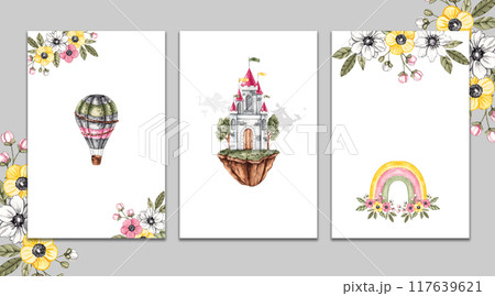 Watercolor mockup of fairytale postcard with air castle 117639621