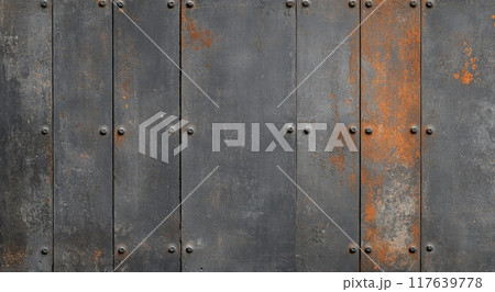 Weathered metal panels with rust and rivets on an industrial wall 117639778