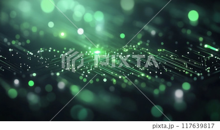 Glowing green particles creating a dynamic digital landscape in a dark environment 117639817