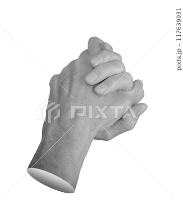 Intertwined fingers, clasped gesture, hand together, support sign, isolated on white background 117639931