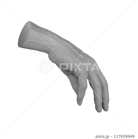 Hand stretching to something down, reaching smth invisible, touching, isolated on white background 117639949