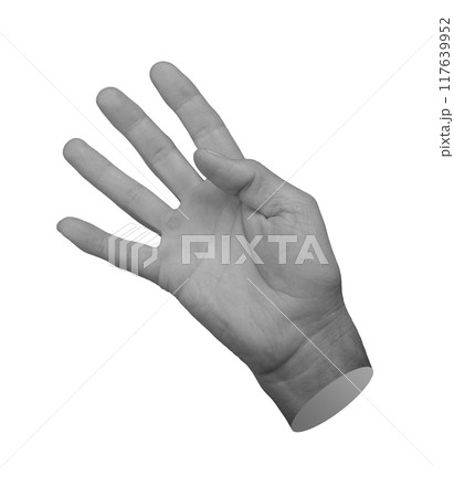 Hand showing four fingers, isolated on white background. Counting or signaling the number four. Hand showing four fingers, isolated on white background. Counting or signaling the number four. 117639952