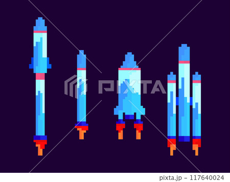 Pixel spaceships icon set. Space rockets in 8-bit retro graphic style of the 80s. Spaceships in pixel art style. Design for banners, mobile applications and printed products. Vector illustration 117640024