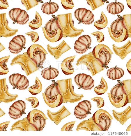 Autumn yellow rubber boots and orange ripe pumpkin seamless pattern watercolor illustration 117640066