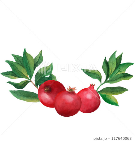 Composition of three whole pomegranates with leaves. Watercolor illustration isolated on white background. For menu, card, sticker, wrapping 117640068
