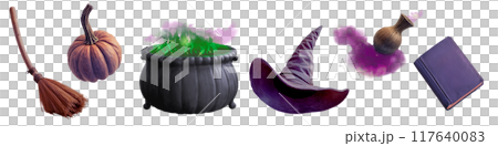 Magic supplies, black cauldron, pumpkin, broom, spell book, potion. A witch's Halloween set. Magic supplies, black cauldron, pumpkin, broom, spell book, potion. A witch's Halloween set. 117640083