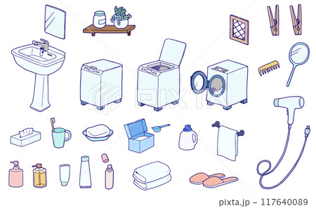 洗面台と洗濯機の手描きアイコンのイラストセット 117640089