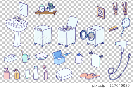洗面台と洗濯機の手描きアイコンのイラストセット 117640089